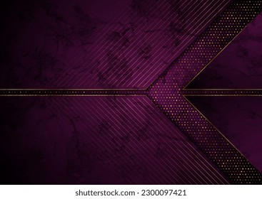 Dark violet and golden abstract tech geometric grunge background. Luxury glitter vector design