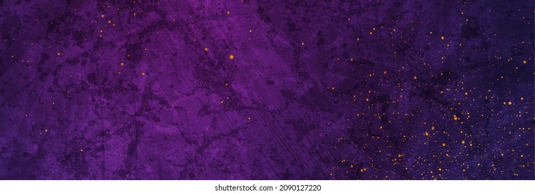 Dark violet grunge texture background with small golden particles. Abstract retro vector design