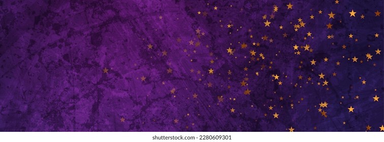 Dunkelviolette Grunge, strukturierter Hintergrund mit kleinen goldenen Sternen. Abstraktes Retro-Vektordesign