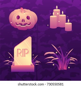Dark violet halloween icon set. Scary pumpkin, mystic candles, shining grave and graveyard grass.