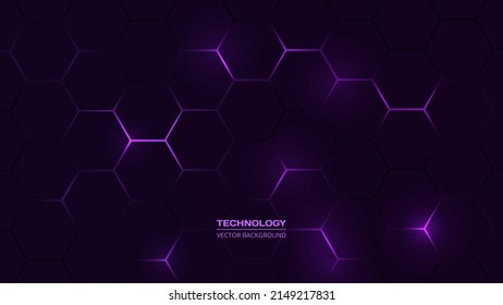 Dark violet hexagonal technology abstract vector background with purple colored bright flashes under hexagon. Hexagonal gaming vector abstract background.