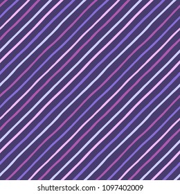 Dark violet, lilac, purple diagonal hand drawn uneven pinstripes, streaks seamless repeat background, pattern. Oblique, tilted lines, inclined stripes, bars template. Doodle style colorful texture.
