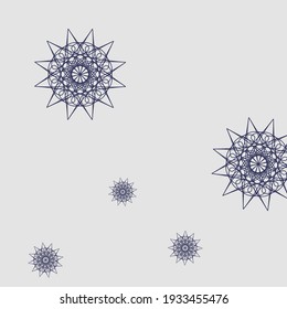 Dark Violet Luxury Chaotic Silver Composition. White Purple Grey Snowflakes Sharp Sky Background. Print Night Stars Christmas Winter Ornament. Cold Metalic New Year Mystery Mandala Design Pic.