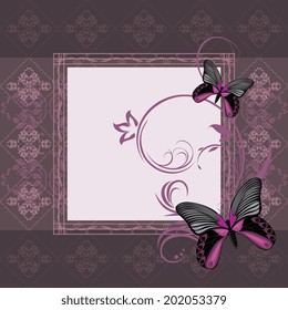 Dark violet ornamental frame with stylized butterflies. Vector