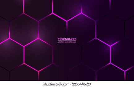 Dark violet and purple hexagonal technology vector abstract background Purple bright energy flashes under hexagon in modern technology futuristic background illustration. Dark violet honeycomb texture