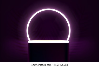 Habitación violeta oscura con escenario brillante y círculo de neón blanco brillante 
