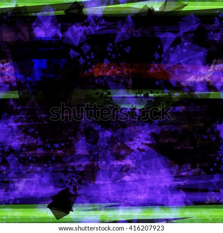 Dark violet seamless background. Black shapeless spots of triangular elements. Light green horizontal stripes at the edges