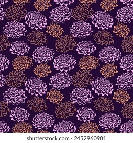 Dark violet seamless pattern with abstract shapes flowers. Vector hand drawn sketch lines floral. Simple minimalist printing. Template for designs, textiles, fabric