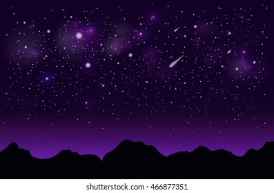 Dark violet space landscape with mountains silhouette, comet and stars.