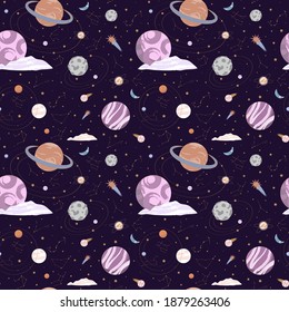 Dark violet space seamless vector pattern with planets, constellations, stars, orbits and asteroids. Galaxy repeat design for kids pajamas, bed set and other printing material. Flat style.