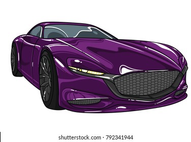 Dark violet sport car mazda  vector editable illustration . Purple auto isolated  on white background . Different super cars in all colors inside my profile. 