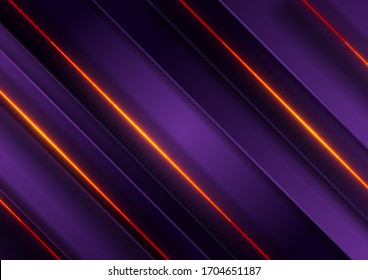 Dunkelviolett gestreifter Hintergrund mit leuchtenden orangefarbenen Linien. Abstraktes Neon-Vektorillustration-Design