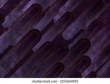 Rayas violetas oscuras y líneas doradas abstractas de fondo geométrico. Diseño de grunge vectorial