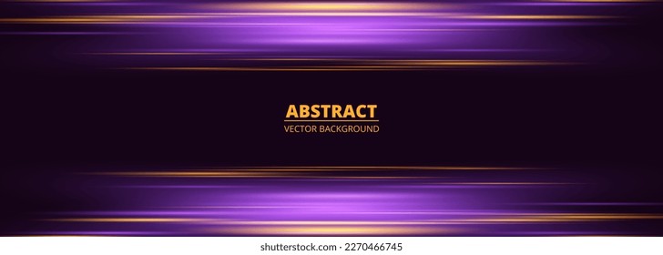 Dark violet wide abstract background with purple and yellow glowing motion neon light effect. Vector illustration