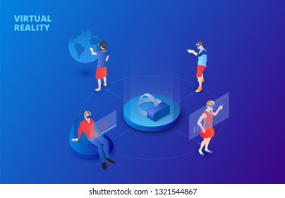 Dark virtual reality design concept with glasses and people playing and learning. Isometric vector illustration. Landing page template for web.