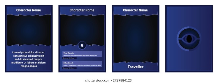Dark void Themed game trading card templates with an Blue gradient color. Customizable vector design for TCG, RPG, and character cards. Features slots for player name and description.