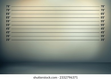 A dark wall with height markings in feet and an ominous backlight. Body-to-body identification of suspects at the police station. Realistic mugshot mockup. Vector illustration.