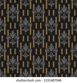 Dark Wallpaper background. Grey and gold vintage design elements on a black background. Great for graphic design: greeting card, wrapping paper, posters. The exquisite design of the fabric. Vector art