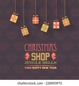 Dark Wallpaper Christmas Shop and Hanging Gift Boxes, Happy New Year Badge, Tags, Labels, Banner, Cards 