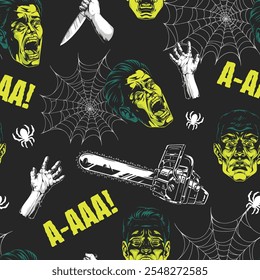 Dark wallpaper design featuring various creepy motifs like spider webs screaming faces and a chainsaw. The vivid colors create a lively Halloween atmosphere perfect for decoration.