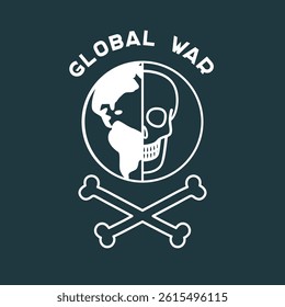 Dark war poster with skull, bones and the globe. Vector flat design