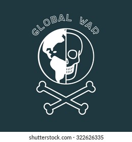 Dark war poster with skull and the globe. Vector flat design