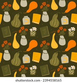 dunkel-warmer Hintergrund mit Büchern, Kürbissen und Blumen. gemütlicher Herbstdruck in süßem Stil