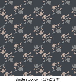 Dark warm seamless pattern with doodle mittens, scarf, hat and sweater print. Grey background. Cartoon backdrop. Stock illustration. Vector design for textile, fabric, giftwrap, wallpapers.