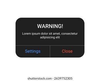 Dark warning notification pop up UI design with settings and close buttons on a transparent background for mobile app and web alert interface in a minimal modern style