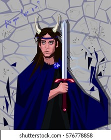 Dark warrior with a sword on the grunge background. Vector Illustration