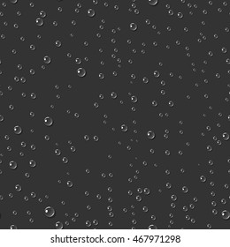 Dark water transparent drops seamless pattern. Rain drops. Condensed water background. Water drops scattered across the dark surface. Water drops seamless background.