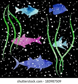 Dark watercolor fish background or pattern - underwater world. Vector.