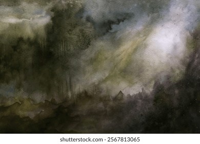 Dark watercolor landscape, misty forest scene, ethereal light rays, atmospheric depth, nature-inspired art.