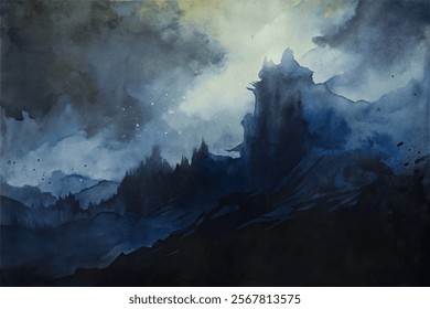 Dark watercolor landscape, misty mountains, atmospheric scenery, dramatic sky, artistic expression, serene nature, moody tones.