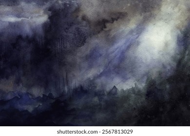 Dark watercolor landscape, moody atmosphere, soft light rays, abstract mountain silhouettes, artistic expression, nature-inspired design.