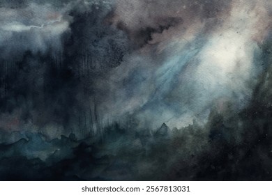 Dark watercolor landscape, moody atmosphere, soft gradients, abstract nature scene, artistic background, tranquil ambiance.