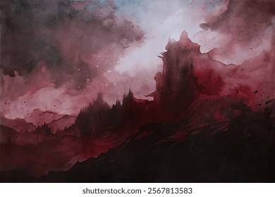 Dark watercolor landscape, moody atmosphere, dramatic sky, abstract mountain silhouette, artistic expression, fantasy theme.