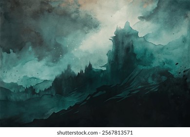 Dark watercolor landscape, mystical mountains, moody atmosphere, ethereal light, serene nature scene, artistic background.