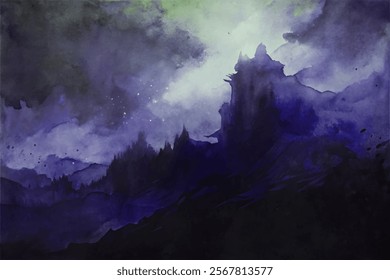 Dark watercolor landscape, mystical mountains, atmospheric fog, moody colors, artistic background, serene nature scene.