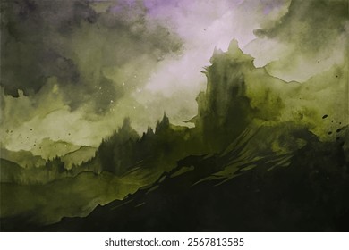 Dark watercolor landscape, mystical mountains, atmospheric fog, dramatic sky, fantasy scenery, nature art, moody backdrop.