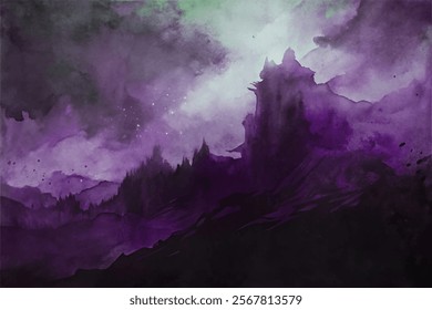 Dark watercolor landscape, mystical purple hues, dramatic sky, atmospheric scenery, fantasy art style.