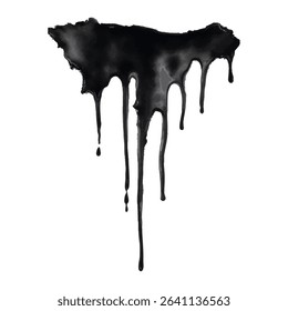 Dark watercolor splash with dripping effect resembling black blood or slime isolated on transparent background, perfect for horror and Halloween themed visuals and backgrounds. Vector art