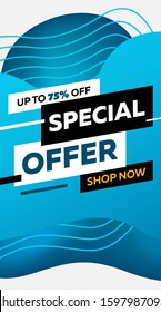 Dark wavy abstract graphic elements. Dynamical forms, liquid shapes with stripes. Gradient blue color. Template for promotion poster, advertising label or flyer. Vector illustration