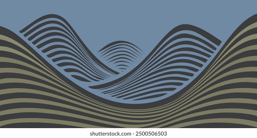 Dark Wavy Retro Style Erratic Surface, Minimalist Terrain, Mountains, Peaks, Valleys - 3D Effect, Editable Vector Background Design