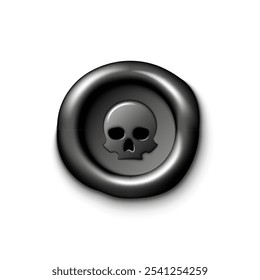 Dark wax seal with skull realistic 3d vector imprint symbolizing danger, secrecy, and mystery. For projects involving pirate themes, gothic designs, or symbolism related to poison and hidden warnings.