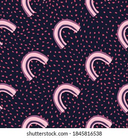 Dark weather seamless pattern with rainbow colorful ornament. Navy blue dotted background. Hand drawn sky print. Perfect for fabric design, textile print, wrapping, cover. Vector illustration.