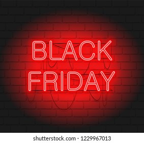 Dark web banner for black Friday sale. Modern neon red billboard on brick wall.  content for web page, banner, social media, documents, cards, posters, news.