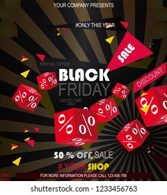 Dark web banner for black Friday sale. Playing dice on a dark light background. Concept of advertising for a seasonal offer with geometric shapes. EPS 10. To see similar, please VISIT MY PORTFOLIO.