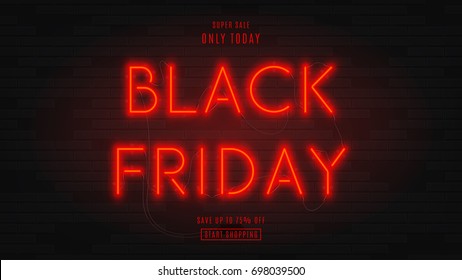 Dark Web Banner For Black Friday Sale. Modern Neon Red Billboard On Brick Wall. Concept Of Advertising For Seasonal Offer With Glowing Neon Text.