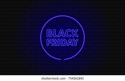 Dark web banner for Black Friday sale. Modern circle neon blue billboard on brick wall. Concept of advertising for seasonal offer with glowing neon text